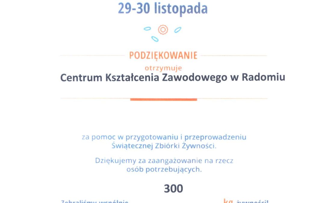 DYPLOM – PODZIĘKOWANIE ZA ŚWIĄTECZNĄ ZBIÓRKĘ ŻYWNOŚCI